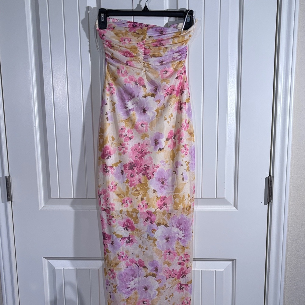 Haute Monde Strapless Floral Dress in Pink and Yellow